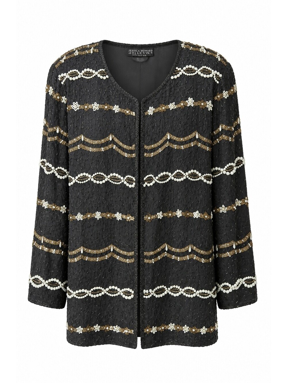 Vintage Jakelin Designs Silk Beaded Jacket XL Black Pearl Evening Coat